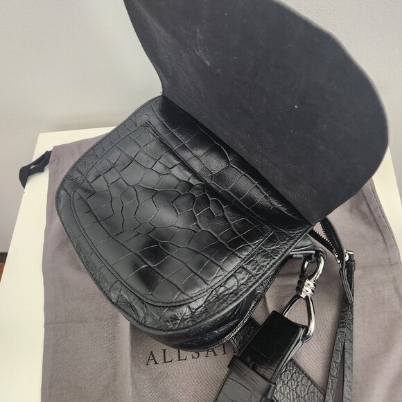 All Saints | Polly Round Medium Leather Crossbody in Black Mock Croc, One Size - Picture 4 of 11